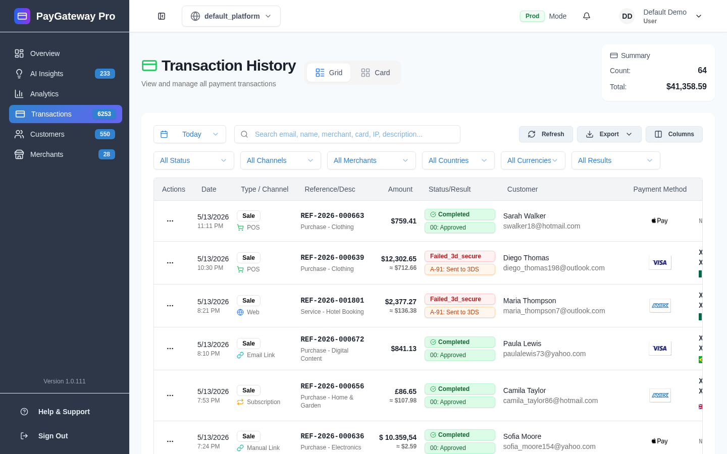PaymentPower portal transactions history view with filterable list of payments by date, status, channel, merchant and currency
